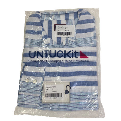 Untuckit Vietti NEW Womans Top Blue Stripe Button Up Size 4 Linen Long Sleeve