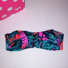 Victoria Secret PINK Swim Bikini Top XS Bandeau Green Tropical Lace Up