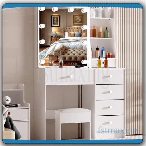 White Dressing Table With Makeup Mirror & LED Bulbs 6 Drawers Stool Vanity Desk - Picture 9 of 13