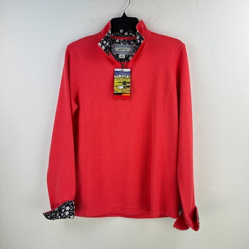 Orvis Sweater Pullover Womens M SALMON Pink Quarter Zip Floral Flip Cuff NWT