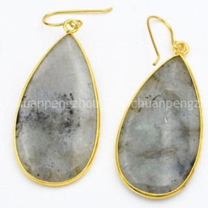 Authentic Women's Jewelry Natural Gray Labradorite Dangle Gold-plated Hook Earrings