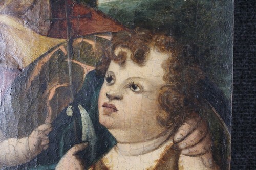 OLIO SU TAVOLA ''MADONNA CON BAMBINO E SAN GIOVANNINO'',attr. CORREGGIO XVI SEC - Foto 6 di 9