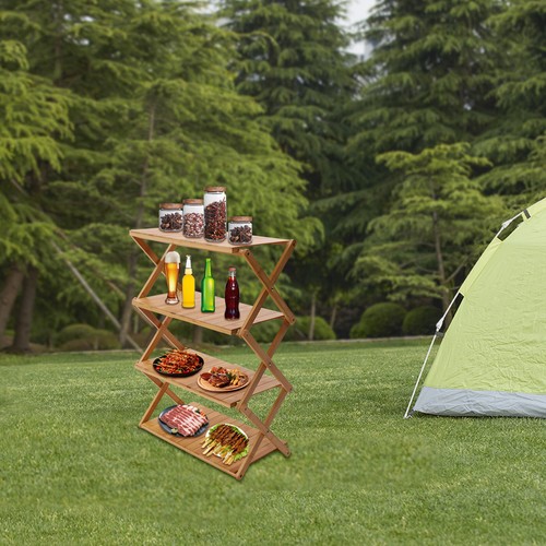 4-Tier Portable Foldable Outdoor Picnic Table Camping Storage Bamboo Shelf