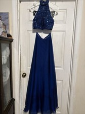 Sexy Sherri Hill Two Piece Top and Long Skirt Bling Navy Blue Size 0