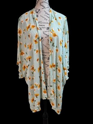Maurices Sunflower Kimono Cardigan One Size Mint Green Floral Boho Wrap Ruffle