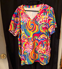 Women s Scrub Top L Multicolor Floral Print V-Neck Short Sleeve Woven Poly