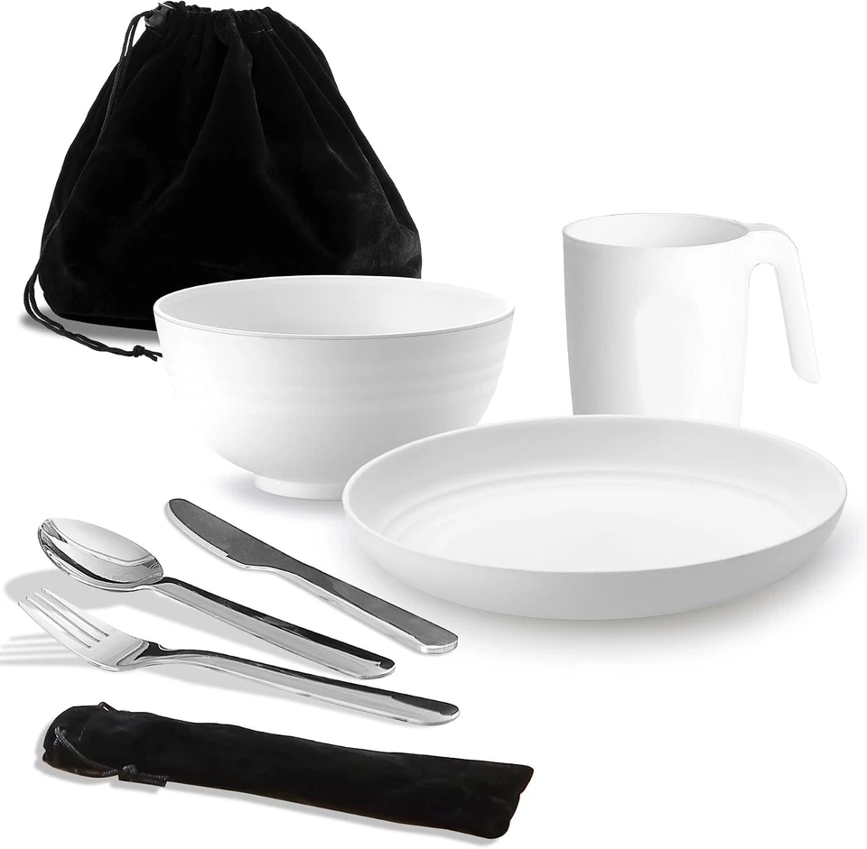 Camping Mess Kit Besteck Set mit Messer, Löffel, Gabel, Tasse, Schüssel, Teller - Bild 1 von 4