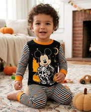 Disney Mickey Mouse Halloween Striped Pajamas Black White  Orange Unisex 18 Mos