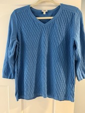 Talbots Blue Cotton Textured V-Neck 3/4 Sleeve Pullover Sweater Sz L