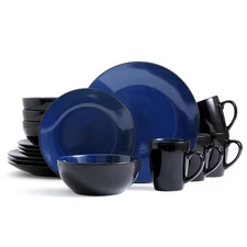 16 Piece Round Kitchen Dinnerware Set, Blue and Black, Stoneware