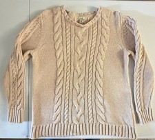L.L.Bean Women  s XL 100 Cotton Cable Knit Sweater Cream Pink Fisherman Pullover