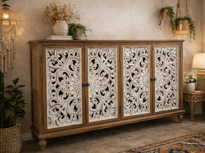 #ad Boho Carved Sideboard Buffet Cabinet Vintage Credenza Storage Decor Cabinet Door $413.10