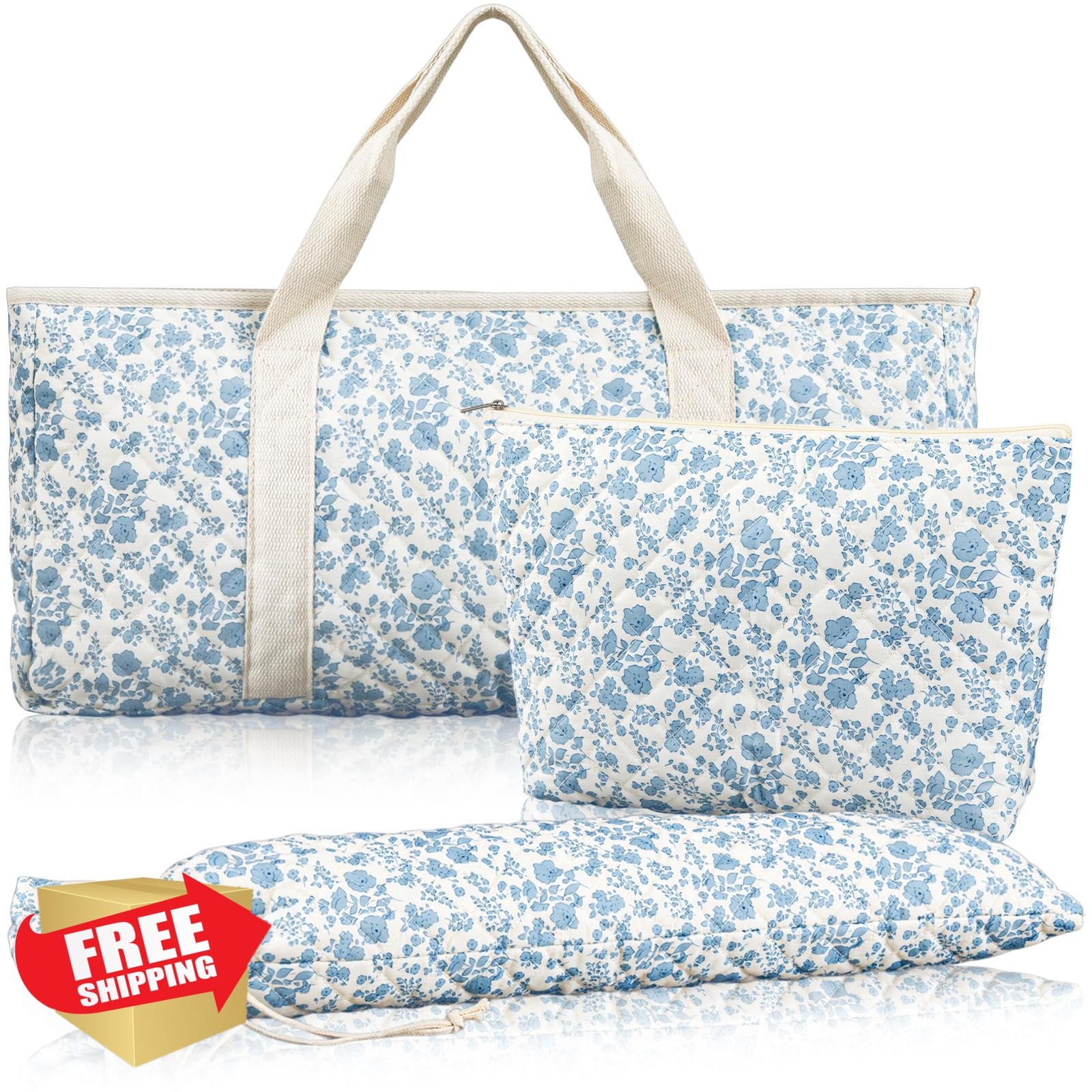 Shinylin Mahjong Bag Set, 3Pcs Blue Floral Quilted Carrying 