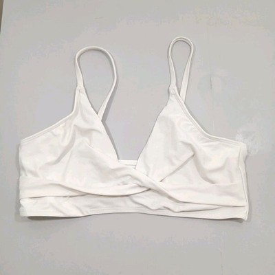  Womens White V Neck Triangle Twisted Front Swimsuit Bikini Top Sz S/M 28'' Bust