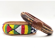 Handcrafted Leather Bangle Bracelet Set Beaded Multi Color Woven Brown Tan 2pc