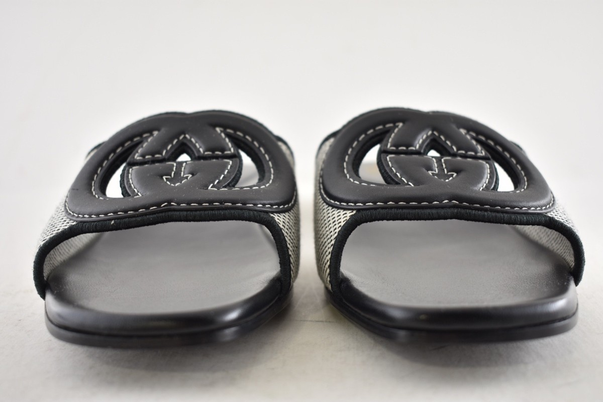 Gucci GG Interlocking Logo Black Leather Canvas Mule Flat Slide