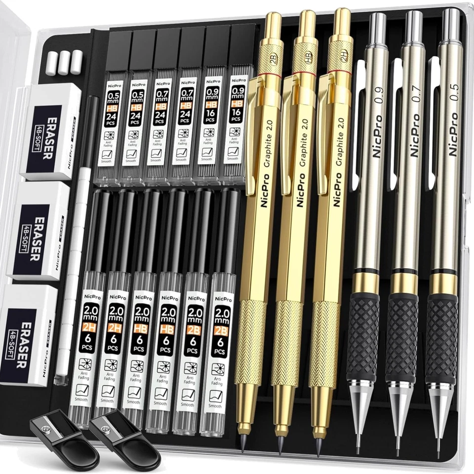 Metall Druckbleistifte Set 6 Stück mit Etui, Gold, 0,5-2mm, Nachfüllbar