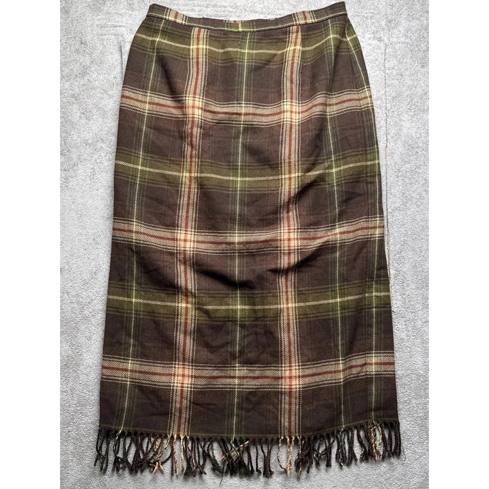 Falda para mujer marrón a cuadros mezcla de lana flecos Dark Academia Preppy talla 12 Foto 2 de 4