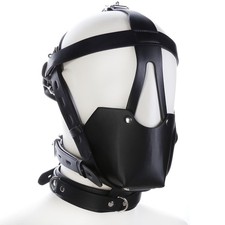 PU Leather Head Hook Harness Mask With Open Mouth Ball Gag Muzzle BDSM
