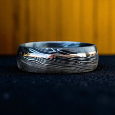 Handmade Damascus Steel Ring   Unique Patterned Metal Band, Rustic Men  s Wedding