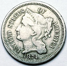 1874 Philadelphia Mint Three Cent Nickel Coin