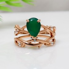 Natural Green Onyx Ring Set 925 Sterling Silver Statement Ring Women Ring