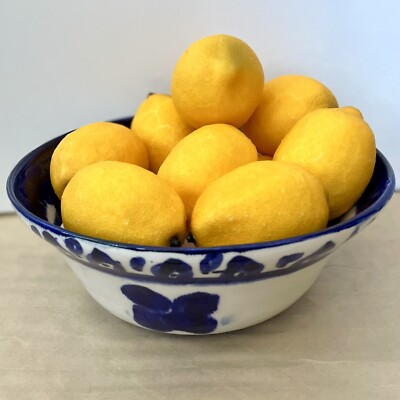 Studio Pottery Bowl w Artificial Lemons for Decor, Prop, Home Staging Blue/White
