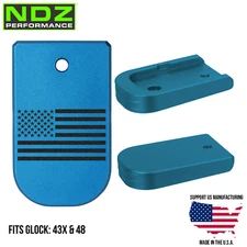 NDZ Glock 43X 48 Magazine Base Plate Aluminum Blue, Black Engravings