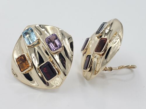 Pendientes de clip Omega cuadrados esquina redonda piedras preciosas multicolores de oro amarillo de 14 quilates* - Imagen 2 de 10