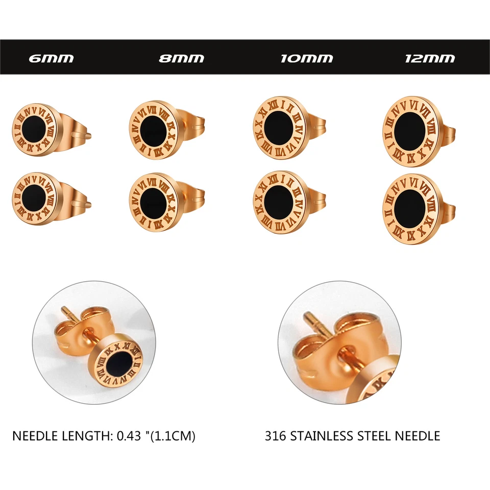 Pendientes 8 piezas Números Romanos Ónix Negro Redondos Titanio Acero Inoxidable Foto 4 de 4