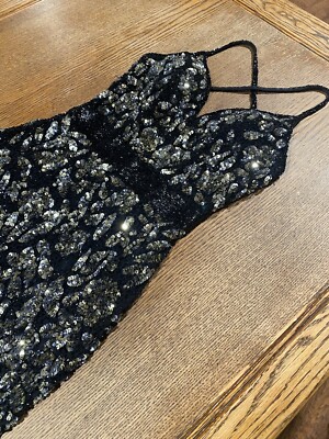 Primavera Prom Dress Long Black Silver Gold Sequence Beaded  Size 8 Small