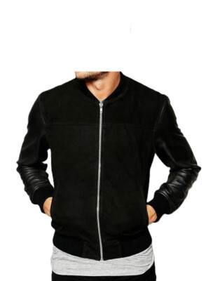 Men Black Bomber Jacket Genuine Suede & Lambskin Leather Slim Fit Biker Jacket