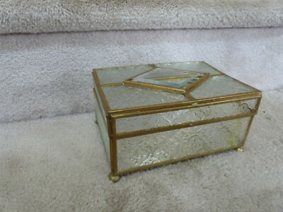 VINTAGE Hollywood Regency Brass Embossed Beveled Glass Mirror Jewelry Box 7.25''