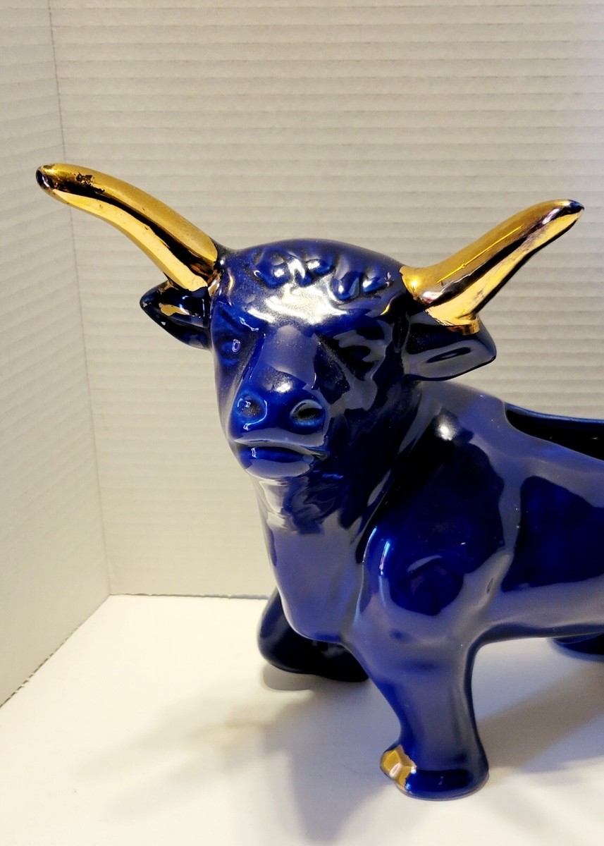 Rare Vintage Ceramic Mid-Century Royal Blue Bull Planter 15