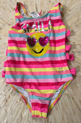 Betsey Johnson Swimsuit Tank 1 Piece Swimwear Pink Embellished Heart Girls 5 NWT