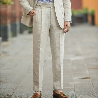 Mens Casual Pleated Linen Pants Classic Business Straight Legs Trousers  Workwear