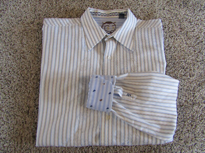 PETER GRAHAM XL SATIN EMBROIDERED PAISLEY PATTERN FUZZY STRIPES FLIP CUFFS SHIRT