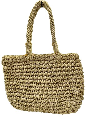 Zara Basic Collection Woven Plaited Tote Bag Purse Tan Gold knotted cord 10 x13 