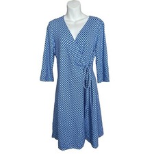 Fresh Produce Jersey Faux Wrap Dress Size L Blue Turquoise Batik 3/4 Sleeve