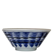 Mino Ware Ramen Udon Soba Rice Bowl Flowing Water Blue Striped 9" X 3.5" Japan