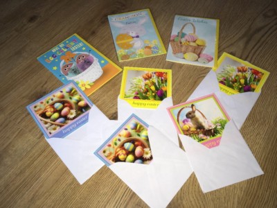 8 x Frohe Ostern Postkarten mit Umschlägen Tulpen Hase bunte Eier