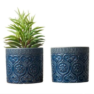 Cobalt Azure Blue Mediterranean Ceramic Floral Embossed Planter Pots, Set of 2