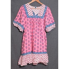 Old Navy Pink Floral Block Print Babydoll Mini Dress Short Sleeve Tassel XL
