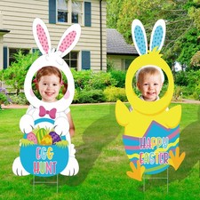 Easter Yard Sign Decorations, Large Easter Bunny  Chick Yard Sign with Stake...