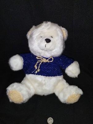 White Teddy Bear with Blue Sparkle Shirt Plush Stuffed Animal Toy