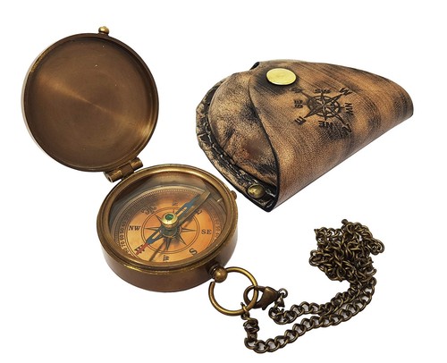 Brass Compass Nautical Pocket Backpacking Compass Leather Case Vintage Campin... - Picture 2 of 8