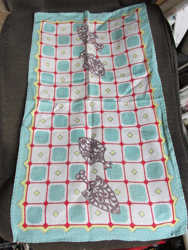 ""AQUA TILE  VINTAGE TEA TOWEL"" - METAL TRIVET DESIGN - MID CENTURY