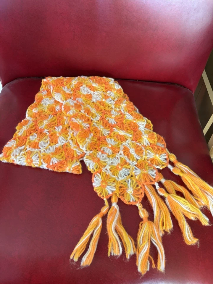 Vintage Fringe Knit Scarf Boho Granny Floral Handmade Orange Yellow Retro White - Image 2 of 4