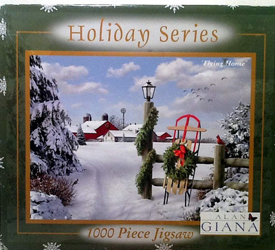 Flying Home Farm Red Barn Snow Sled Alan Giana Jigsaw Puzzle 1000 pc 18'' X 25''