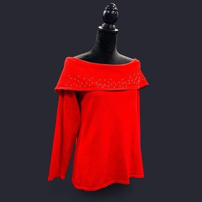 Glam Metallic Holiday Party Pearl Red Sexy Off-Shoulder  3/4 Sleeve Sweater XL